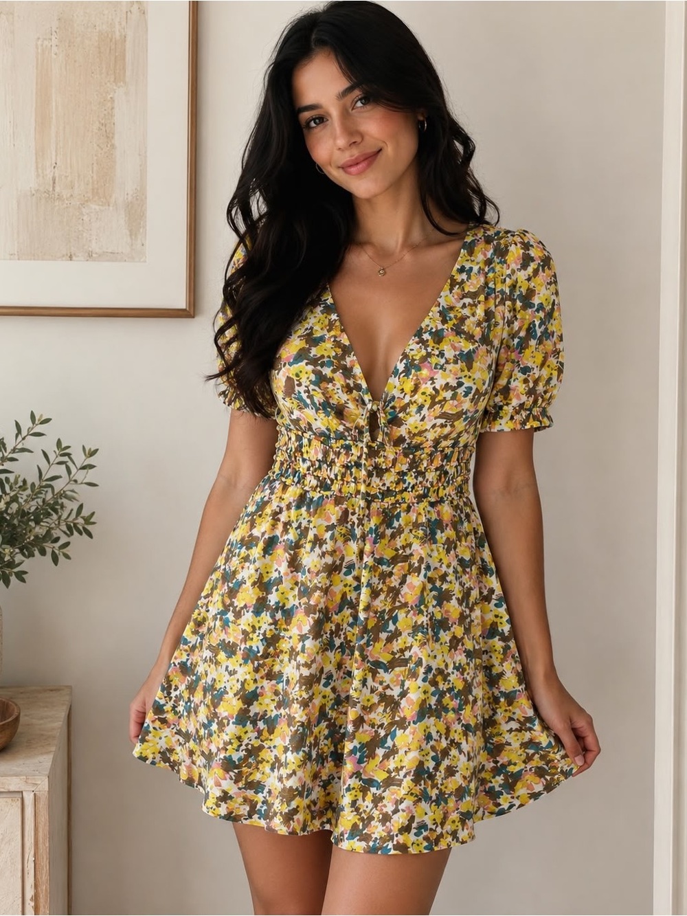 Free People Yellow Floral Mini Dress size 4 lined women casual New